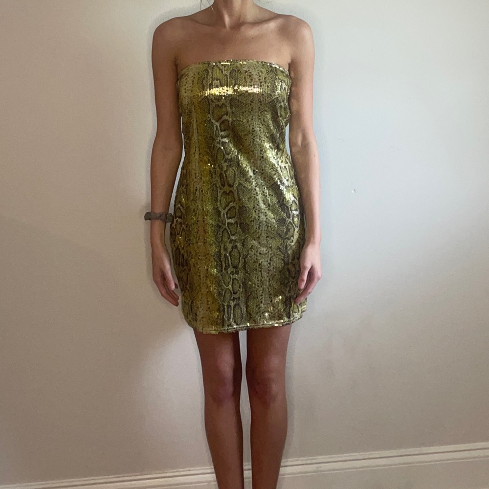lime green sequin snakeskin tube mini dress